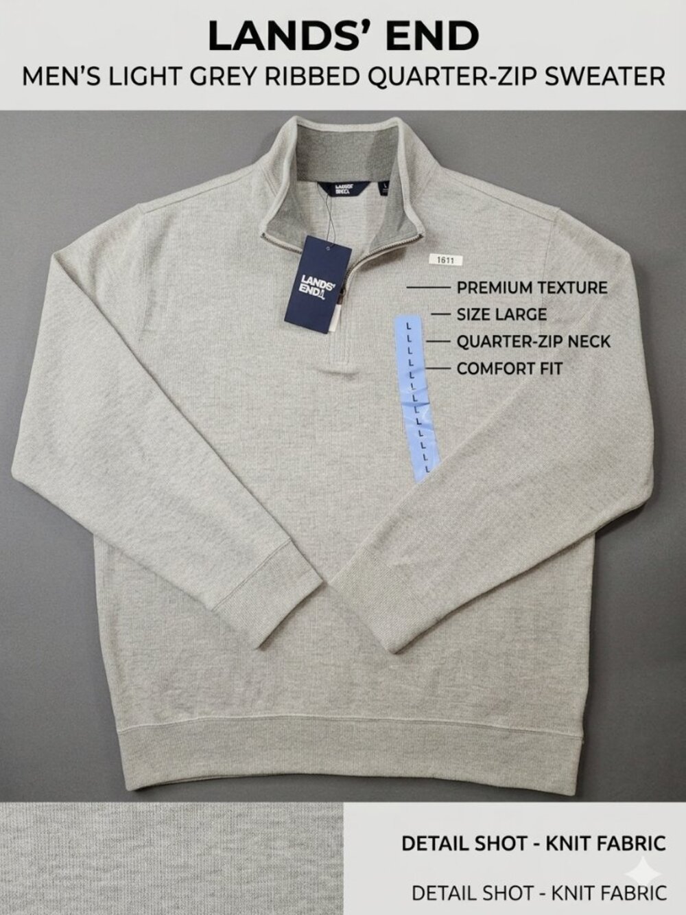 Lands' End Men's Large Gray Ribbed 1/4 Zip Sweater Pullover New With Tags